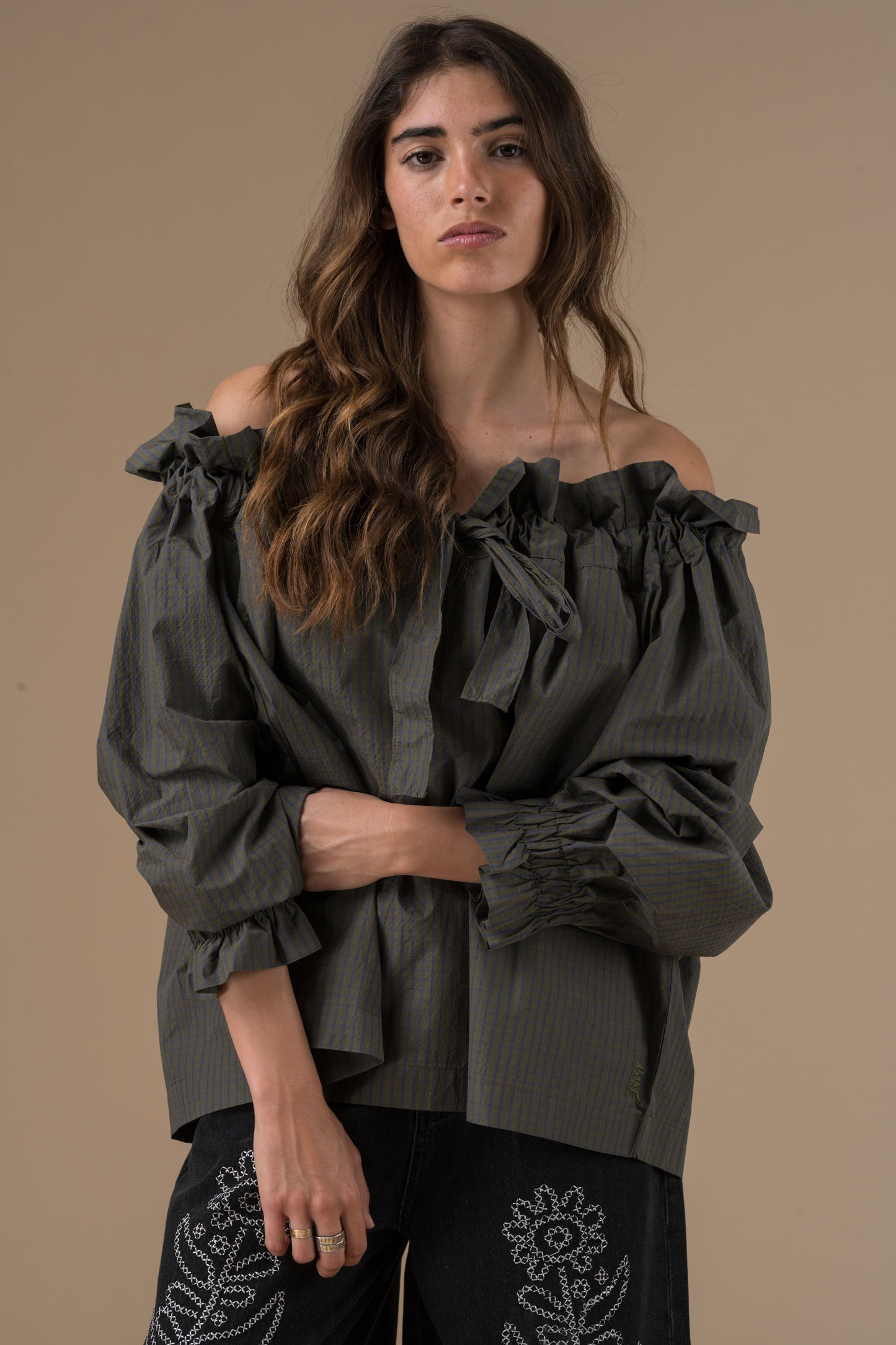 Top Roxane Carreaux vert Style Bardot