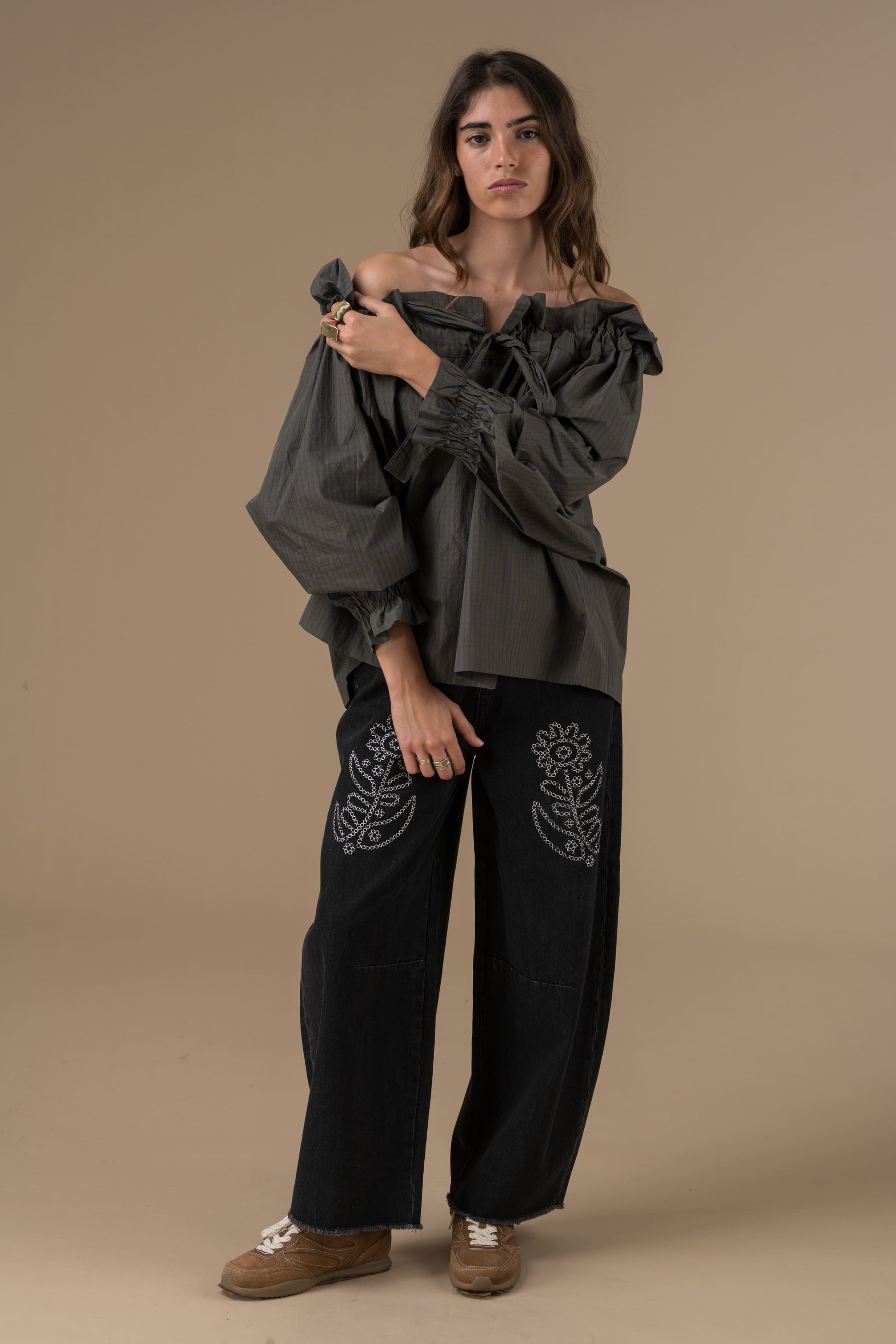 Top Roxane Carreaux vert Style Bardot