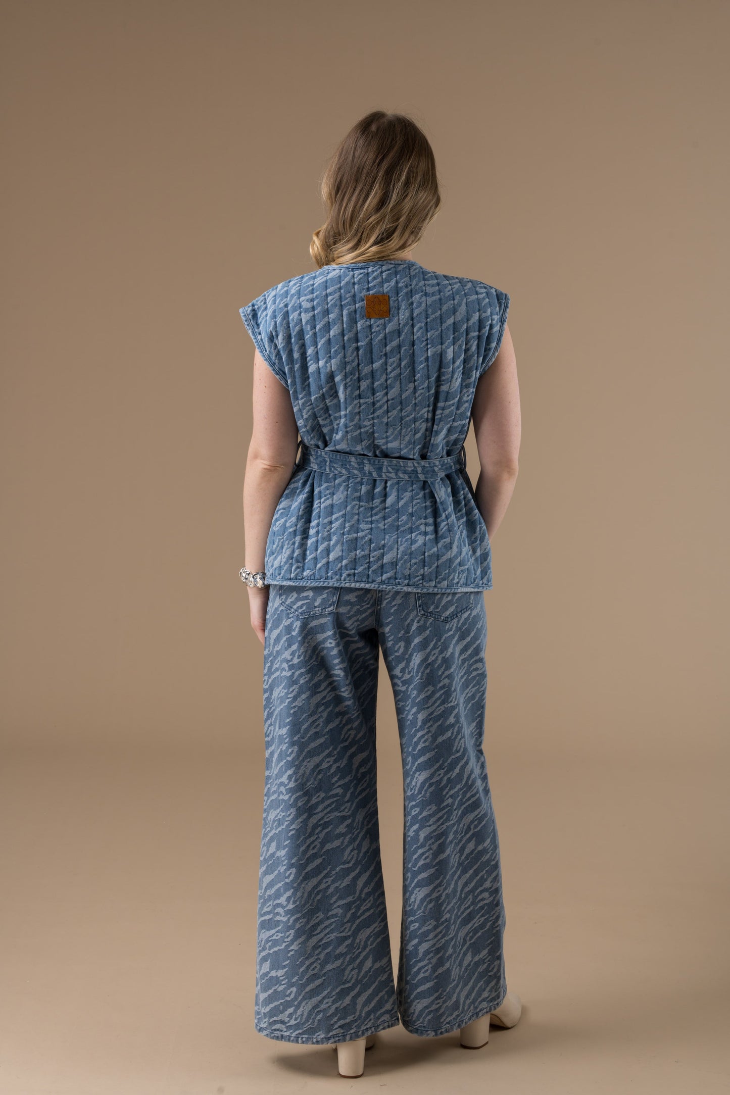 Dos Pantalon Terry coupe large et fluide, taille haute Denim