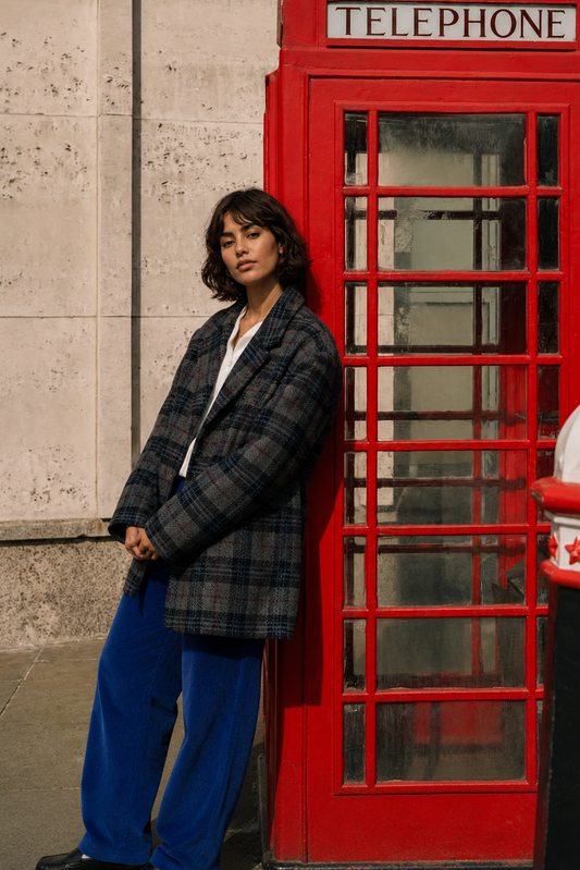 Blazer oversize en laine Boy - Carreaux Marine