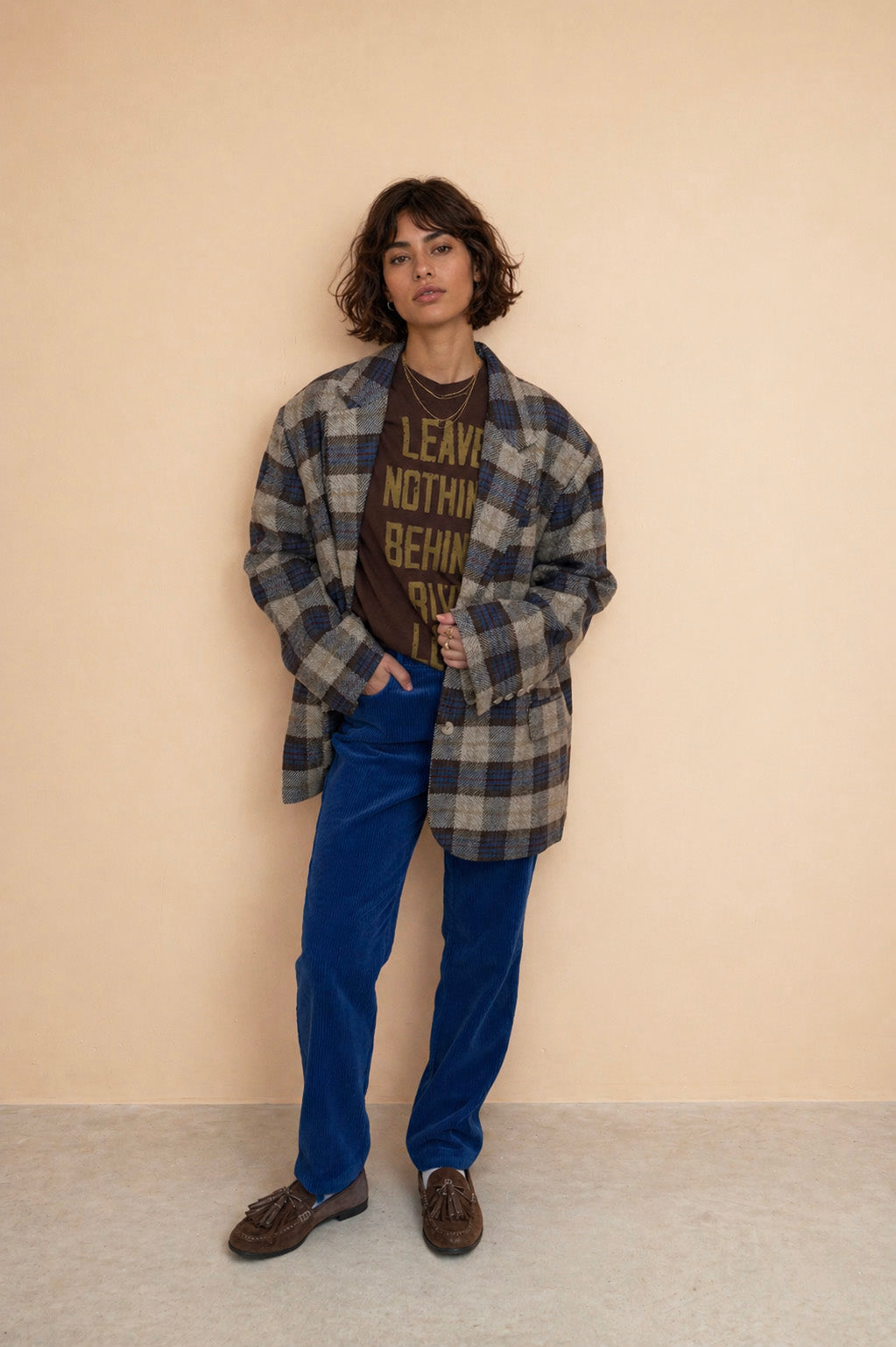 Blazer oversize en laine Boy - Carreaux Beige et Bleu