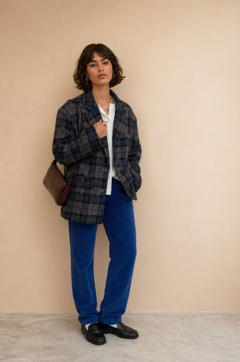Blazer oversize en laine Boy - Carreaux Marine