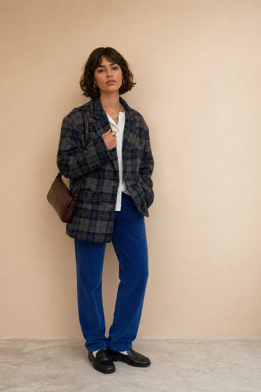 Blazer oversize en laine Boy - Carreaux Marine