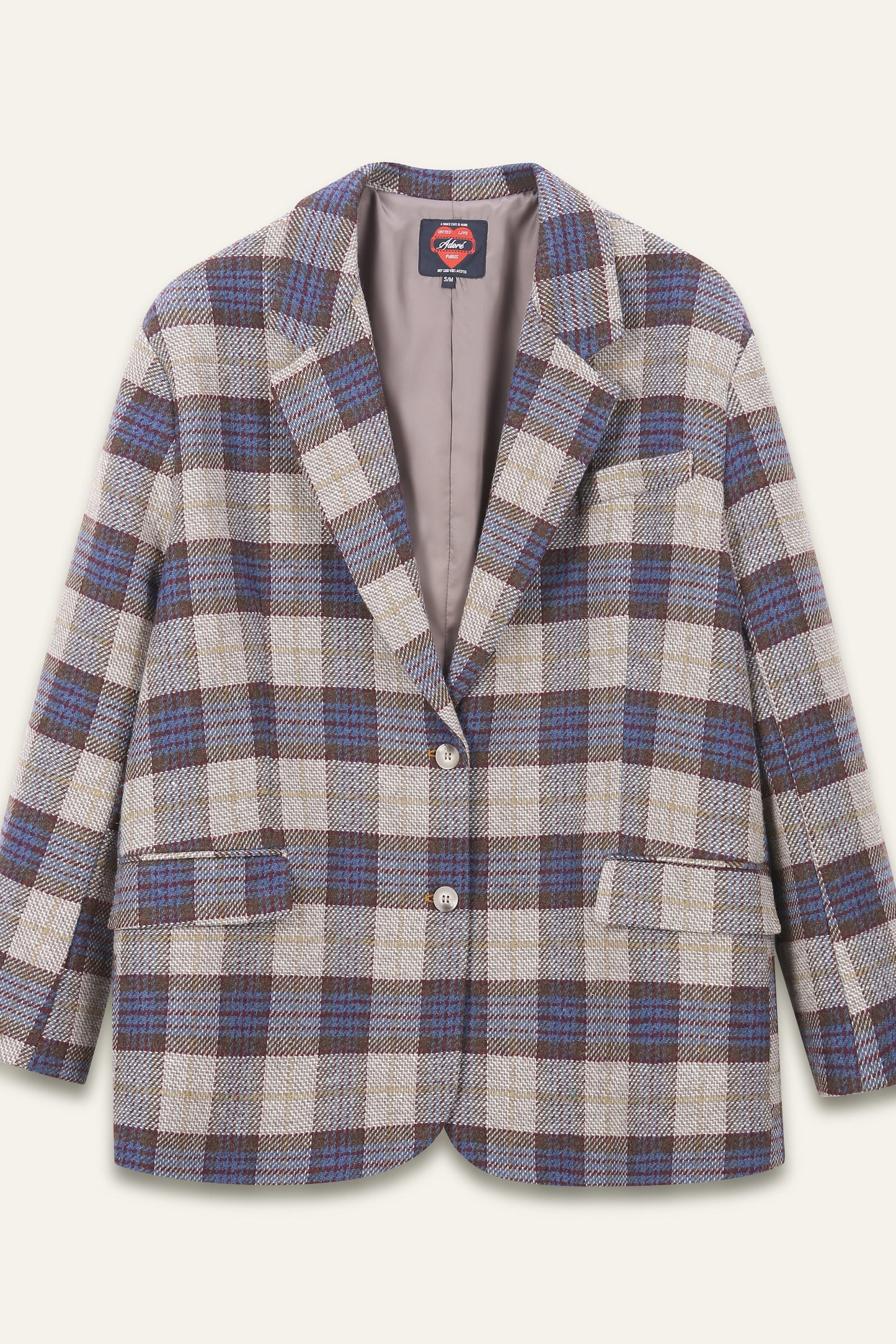 Blazer oversize en laine Boy - Carreaux Beige et Bleu