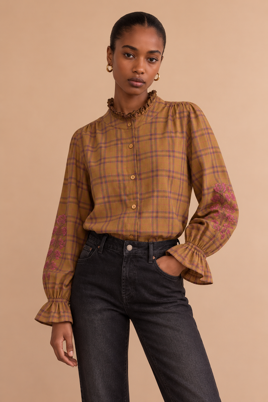 Blouse à manches brodées Kimber - Carreaux moutarde et rose