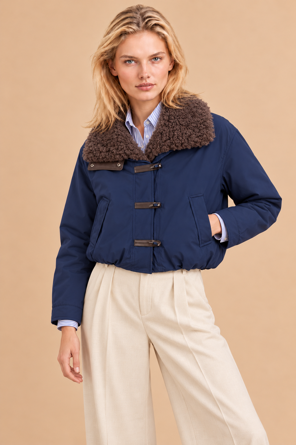 Bomber en laine col fausse fourrure Aurelio - Marine