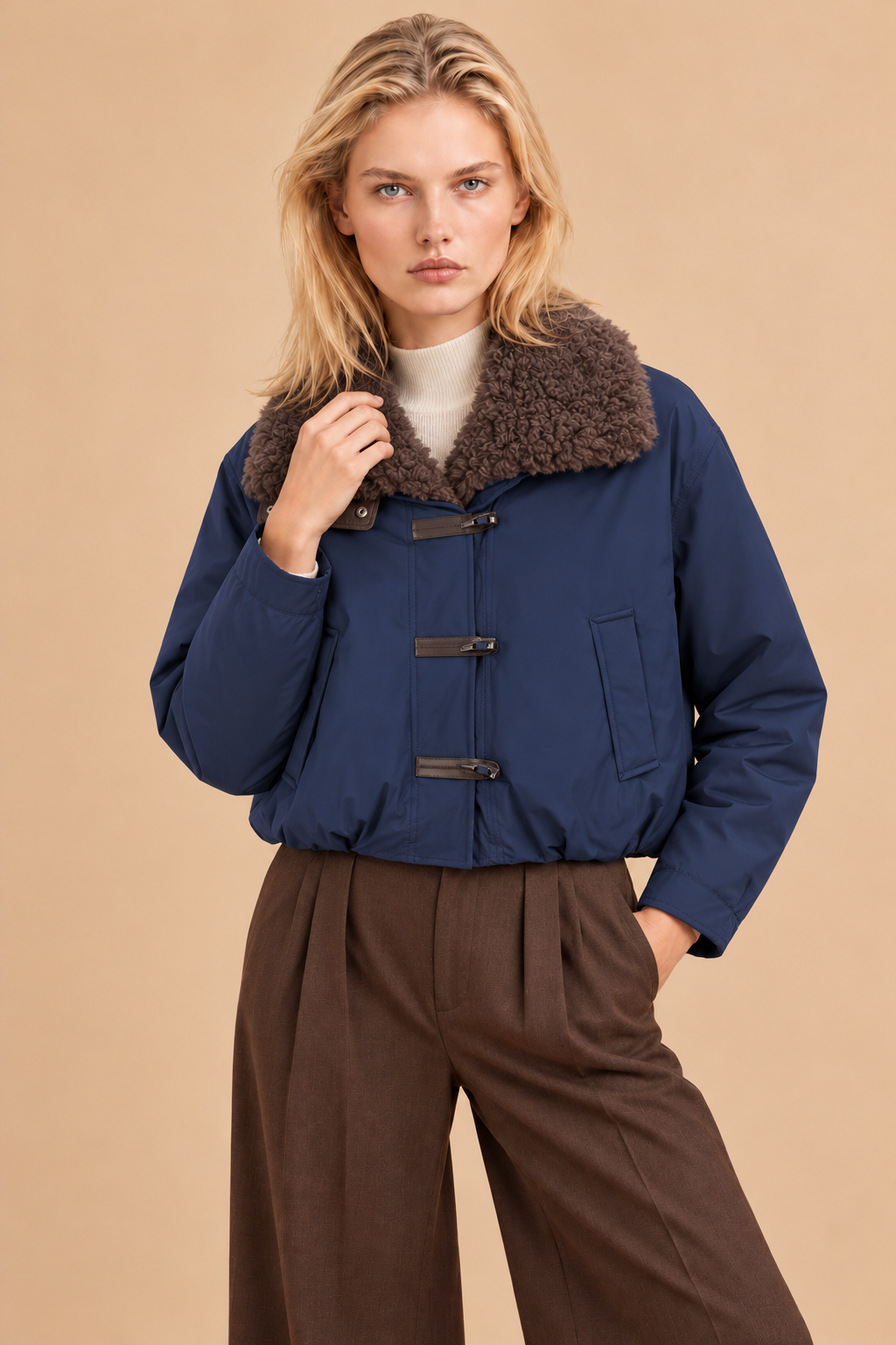 Bomber en laine col fausse fourrure Aurelio - Marine