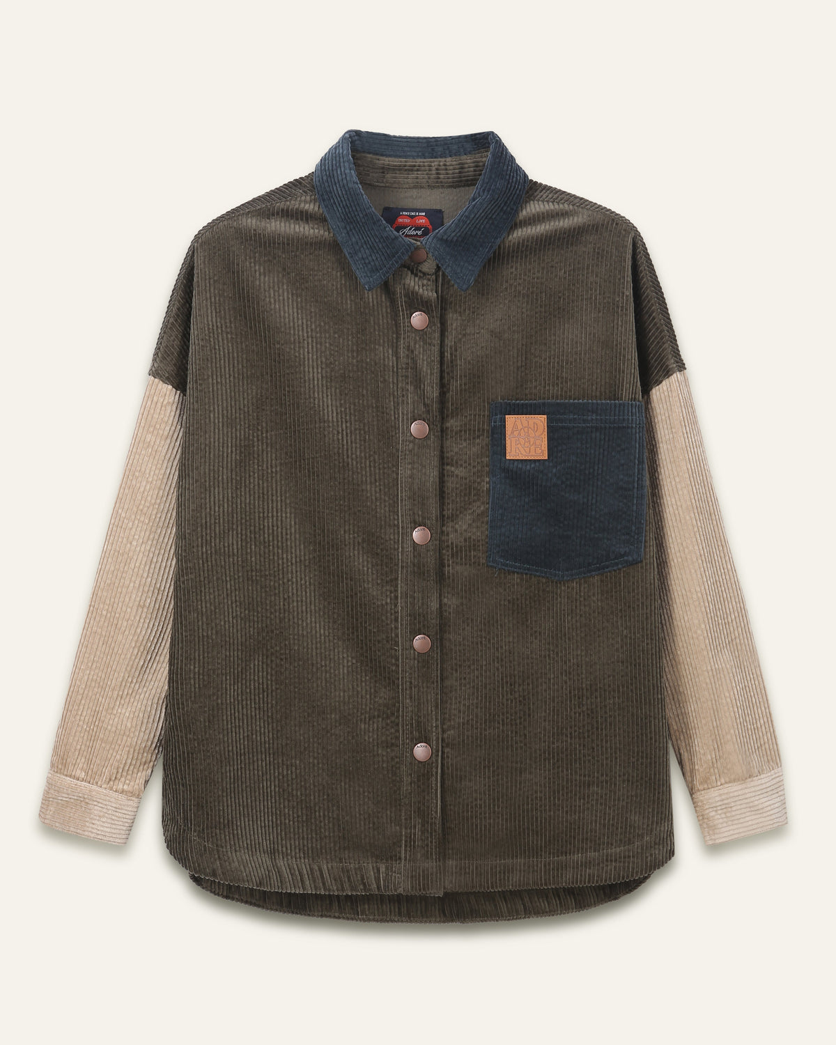 Surchemise bicolore velours avec grande poche Bertie - Kaki