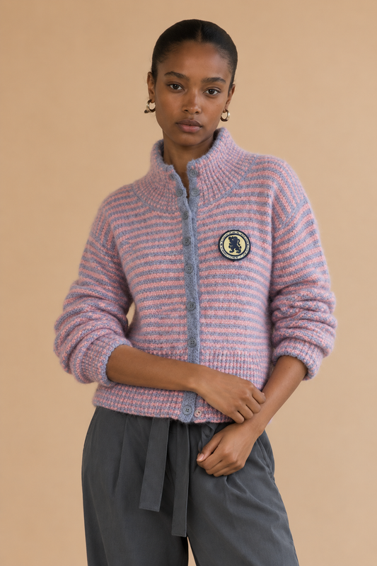 Cardigan avec écusson Adoré Armanda - Rayures gris et rose