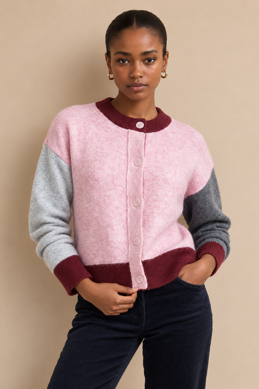 Cardigan rose gris et bordeaux Arlette - Rose