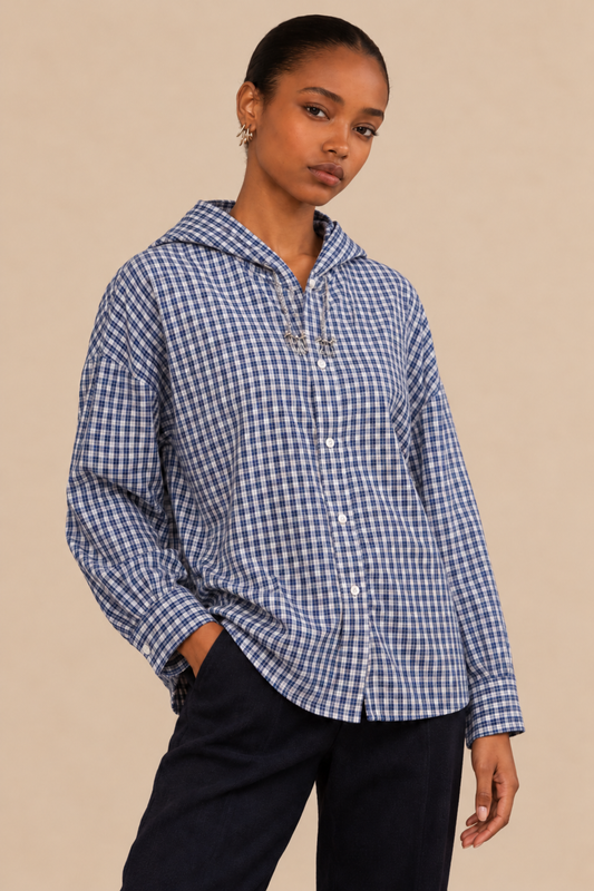 Chemise vichy broche bijou & capuche Onix - Carreaux bleus