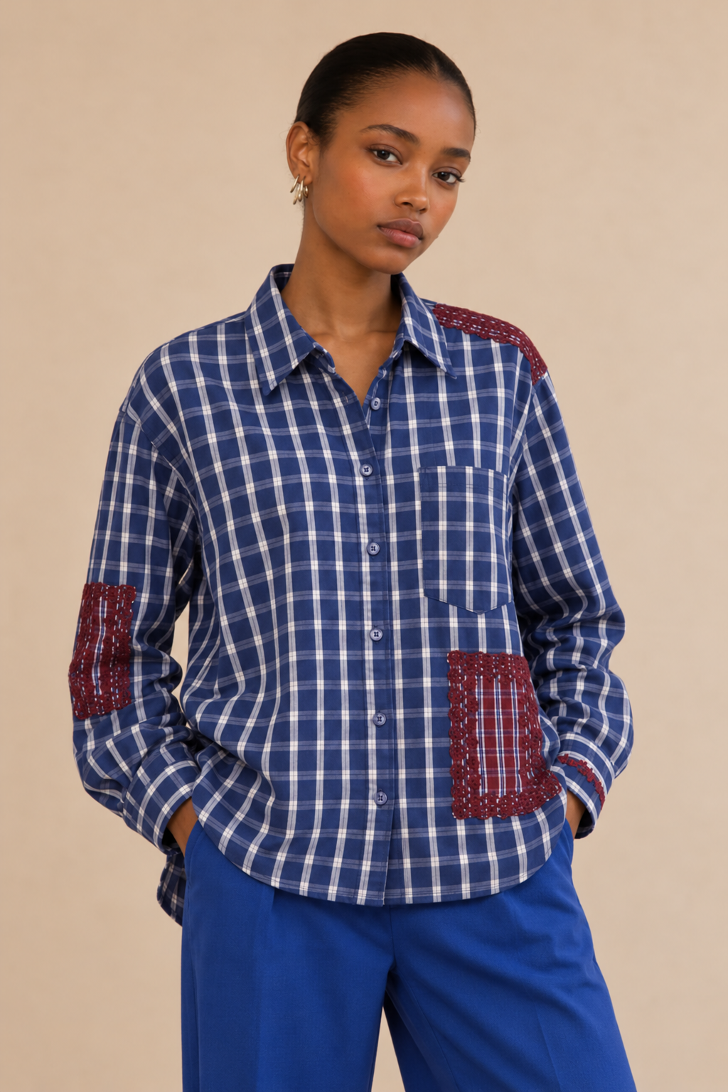 Chemise avec broderies bordeaux Arlo - Carreaux bleu et rouge