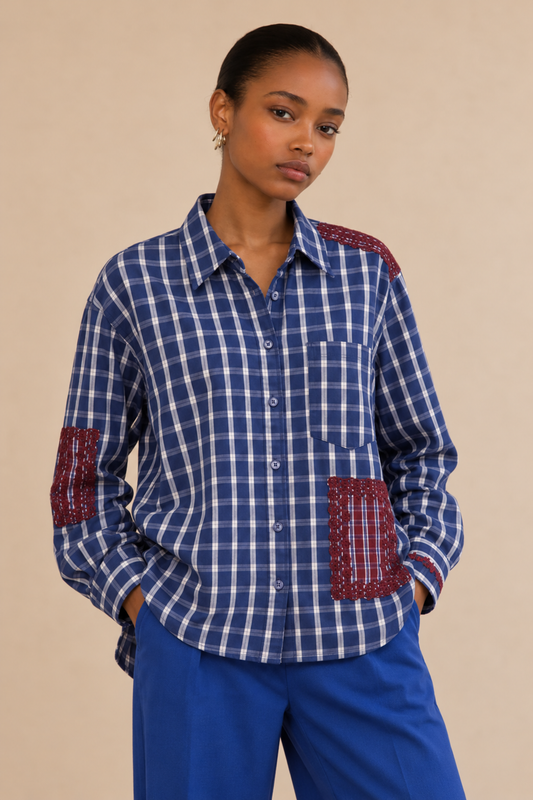 Chemise avec broderies bordeaux Arlo - Carreaux bleu et rouge