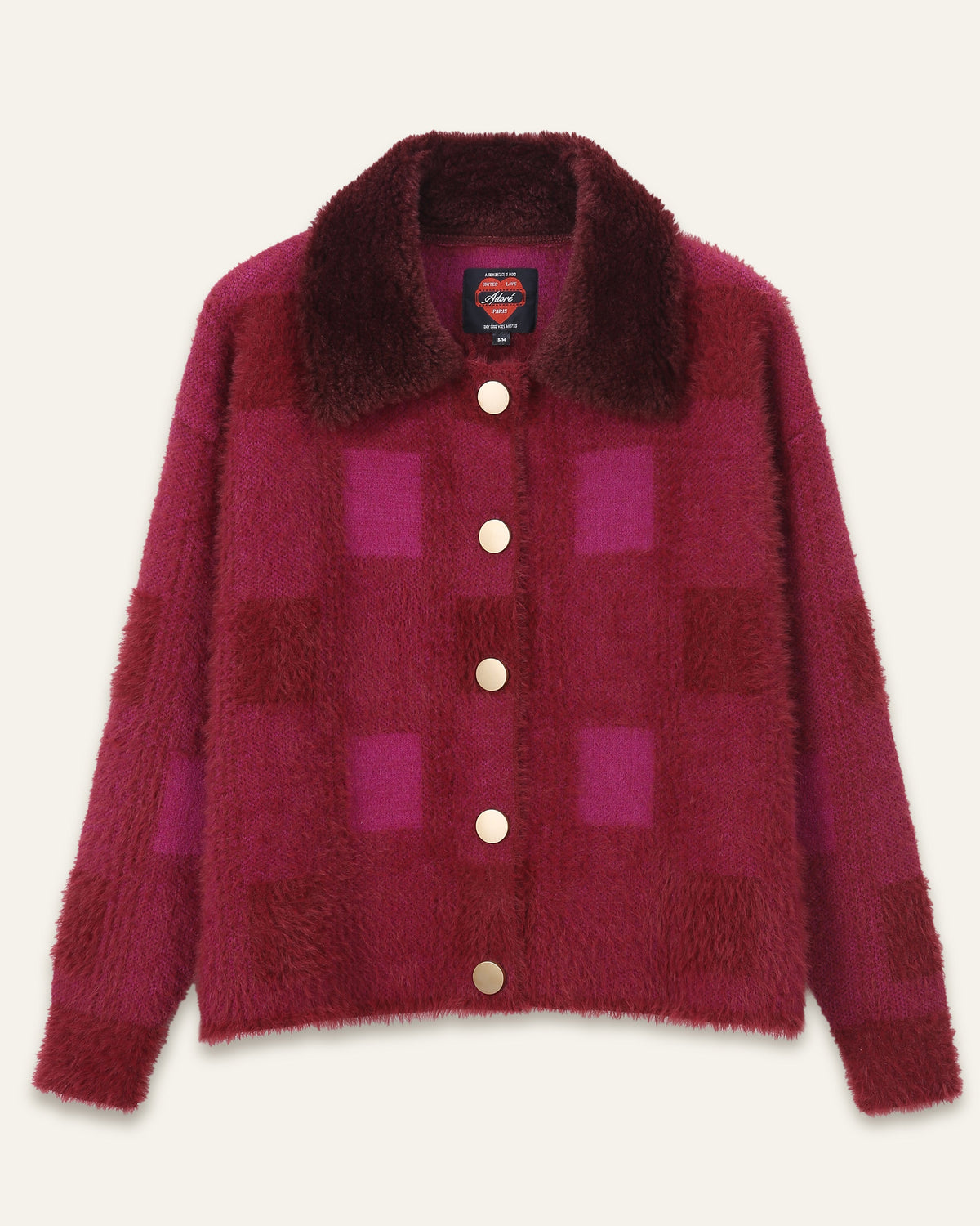 Gilet avec des carrés roses et col fausse fourrure Denise - Bordeaux