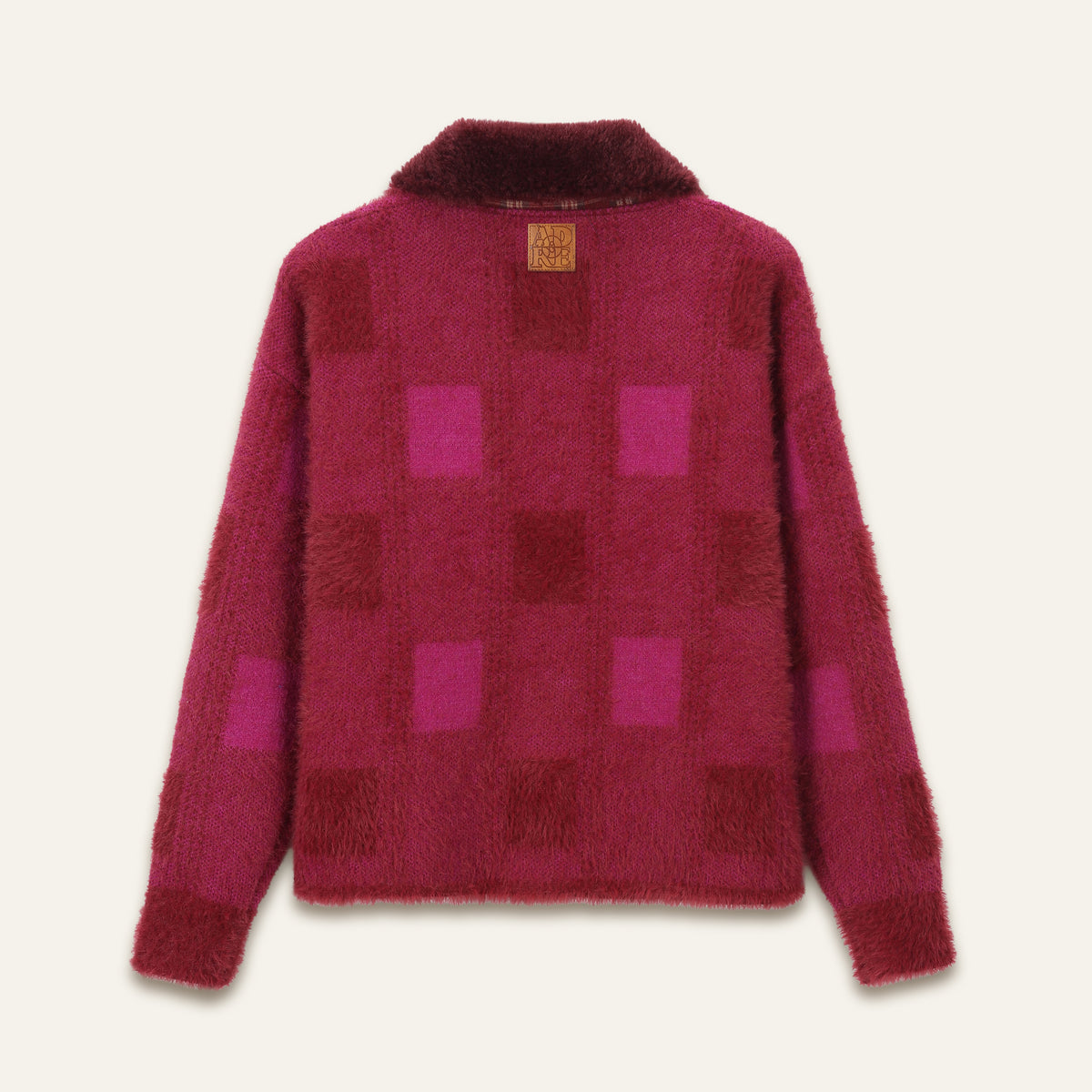 Gilet avec des carrés roses et col fausse fourrure Denise - Bordeaux