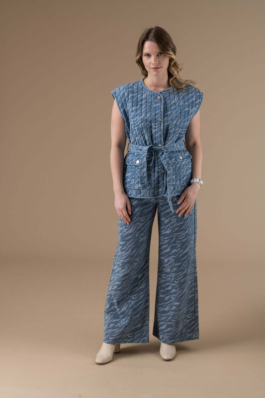 Face Pantalon Terry coupe large et fluide, taille haute denim