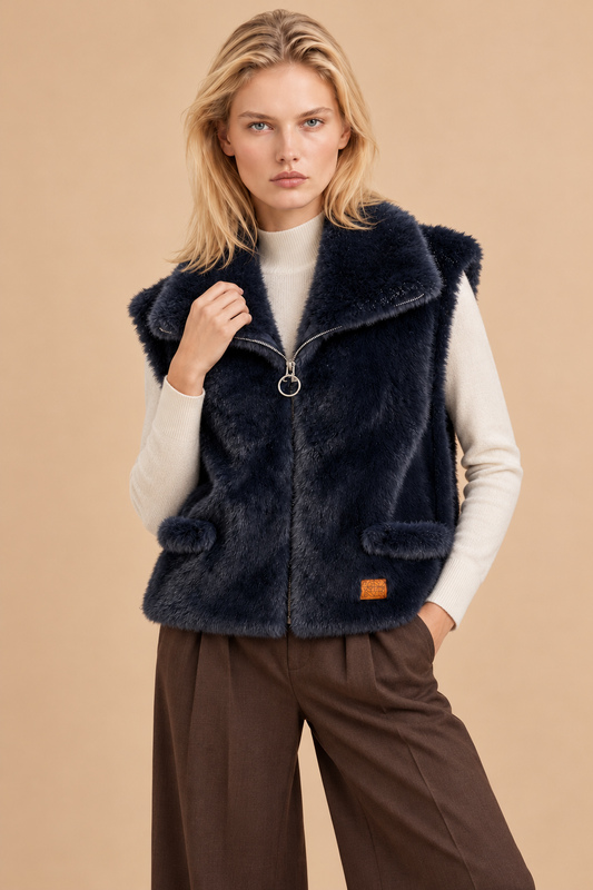 Veste sans manches zippée en fausse fourrure col montant Nappy - Marine