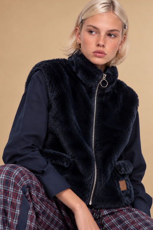 Veste sans manches zippée en fausse fourrure col montant Nappy - Marine