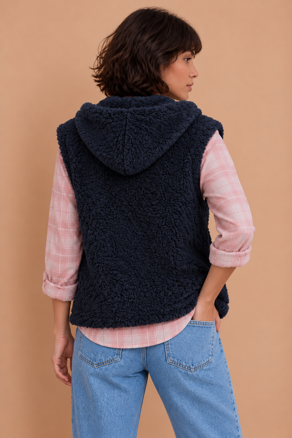 Veste sans manches à capuche en fausse fourrure Delia - Marine