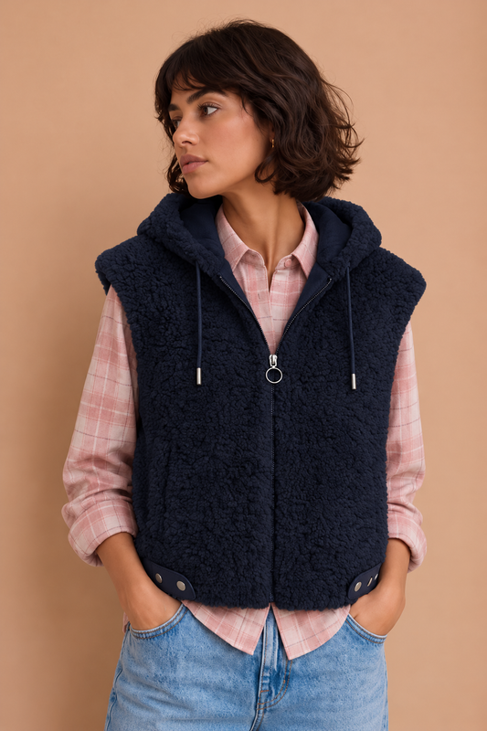 Veste sans manches à capuche en fausse fourrure Delia - Marine