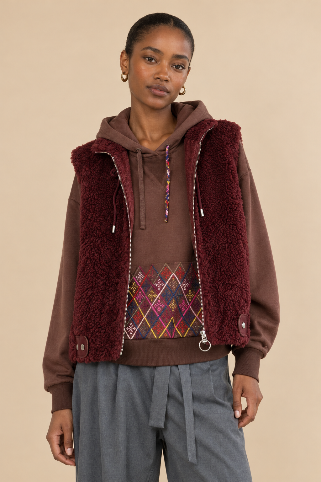 Veste sans manches fausse fourrure Delia - Burgundy