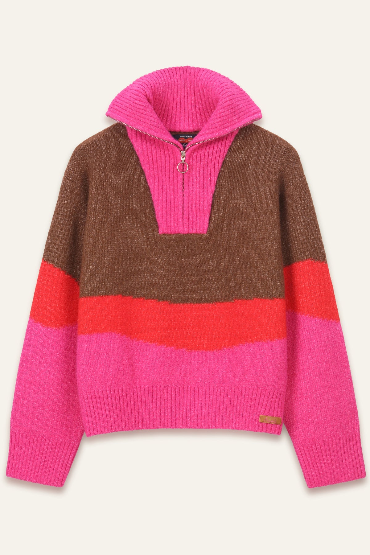 Pull col montant zippé Juliette - Chocolat, rouge et fuchsia