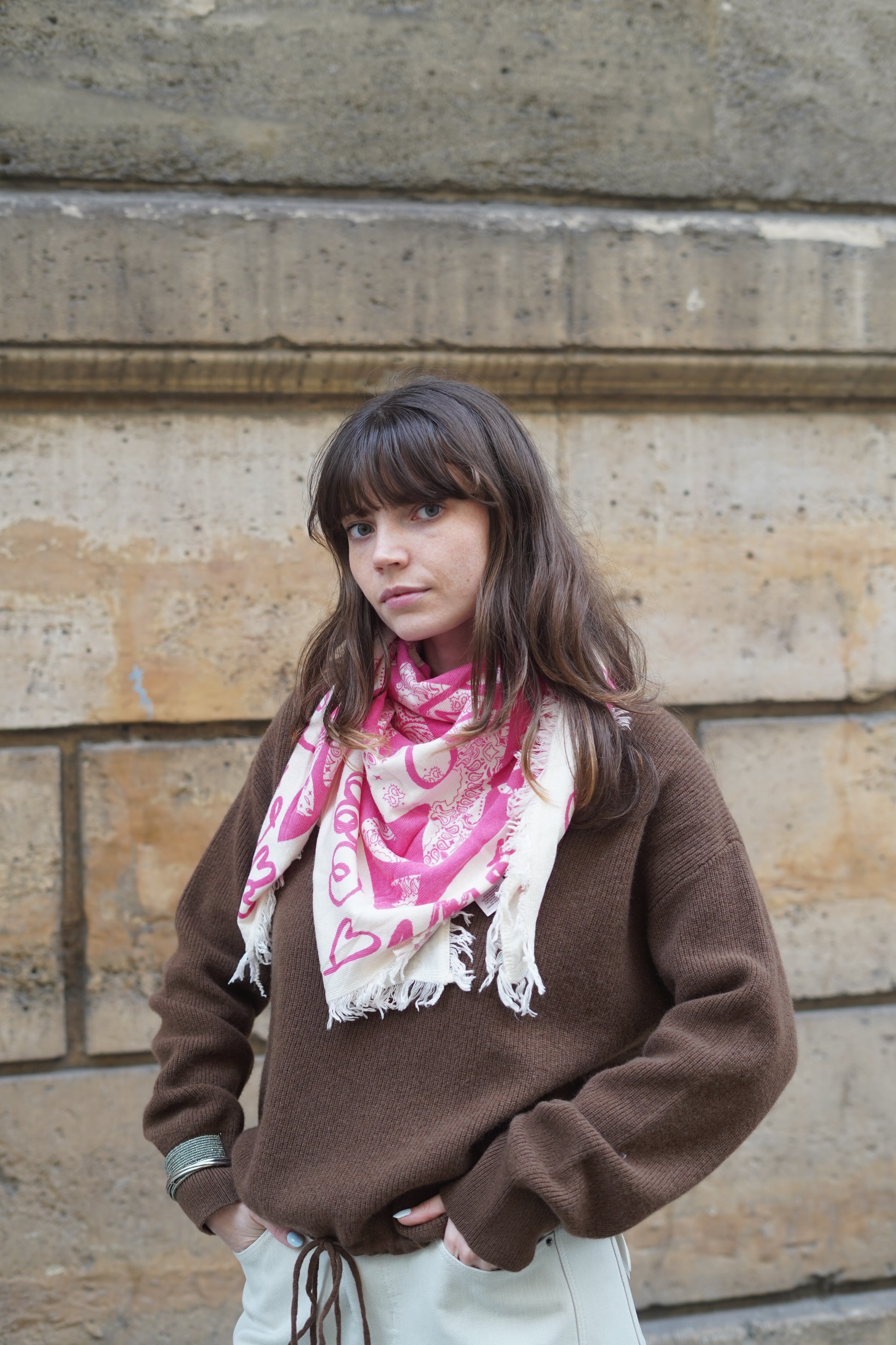 Foulard Bandana Lana Coeur Rose Ecru