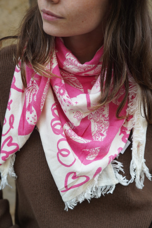 Foulard Bandana Lana Coeur Rose Ecru