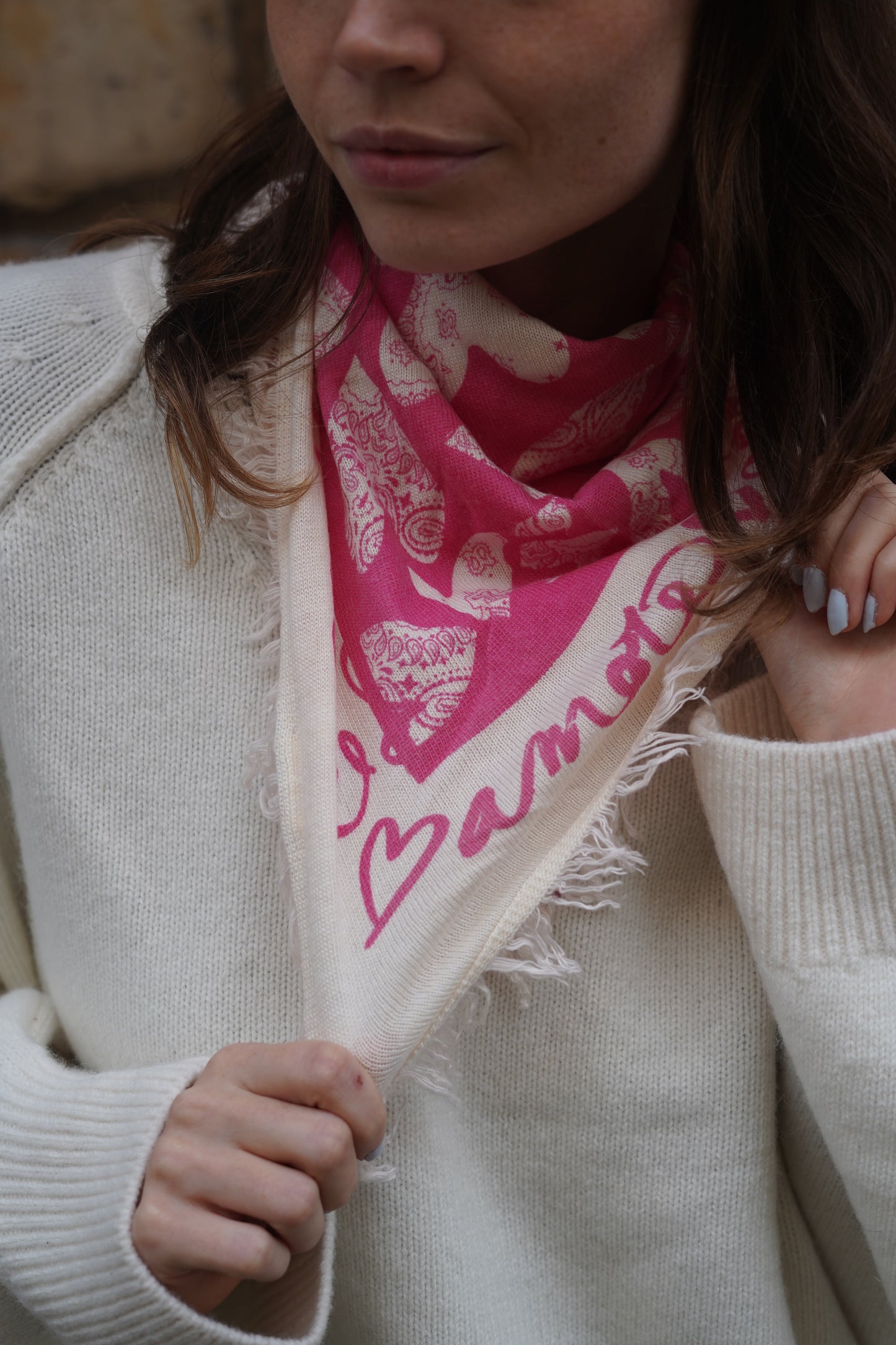 Foulard Bandana Leia Coeur Rose Ecru