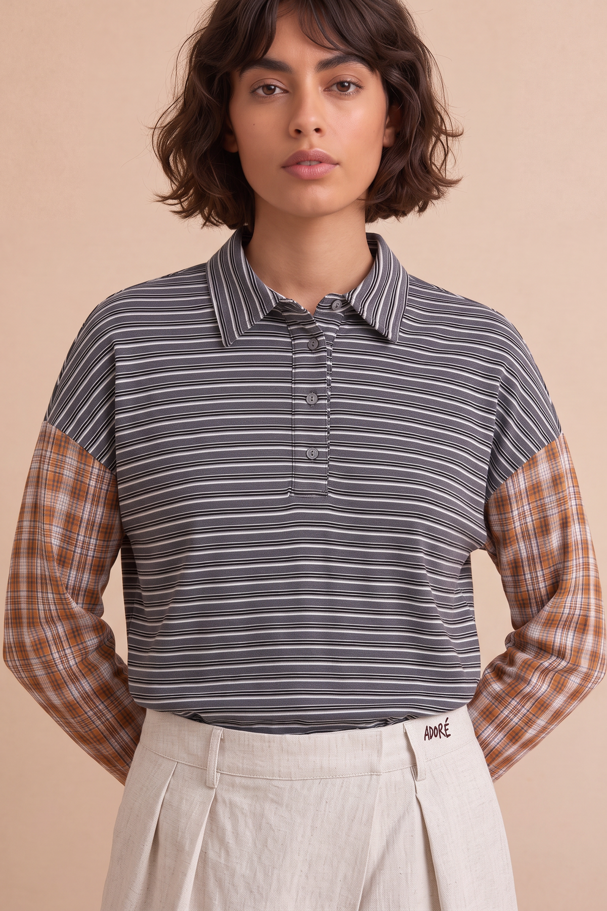 T-shirt manches longues bi-matière carreaux Olivia - Rayures grises