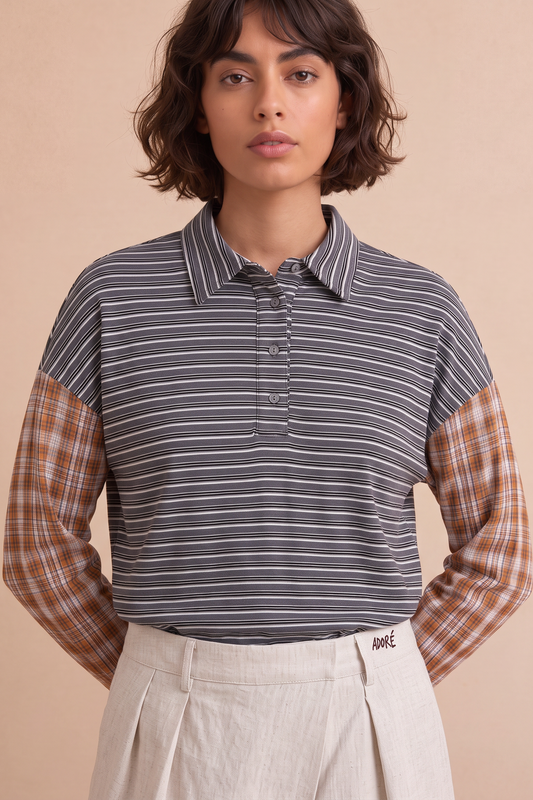 T-shirt manches longues bi-matière carreaux Olivia - Rayures grises