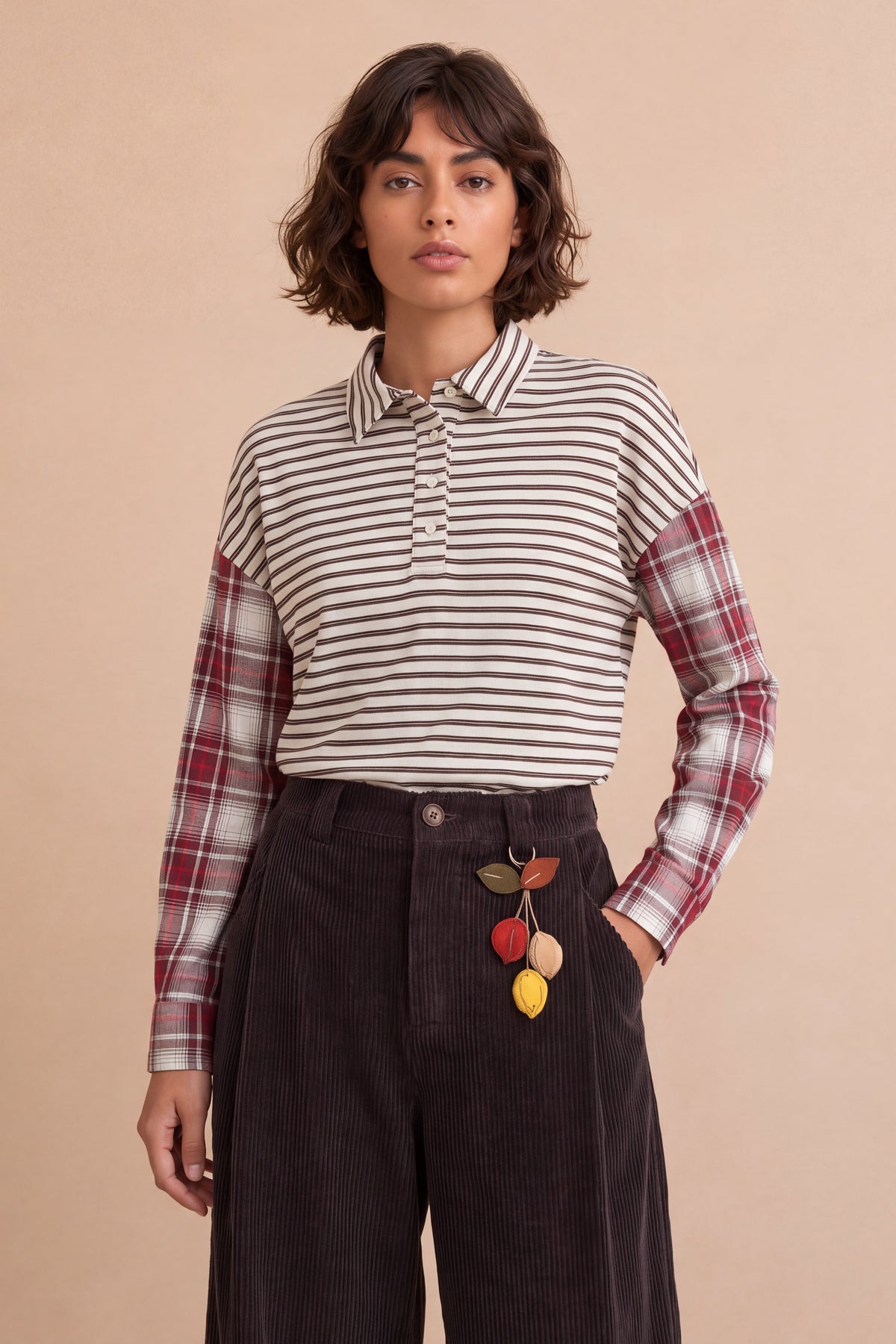 T-shirt manches longues bi-matière carreaux Olivia - Rayures Beiges