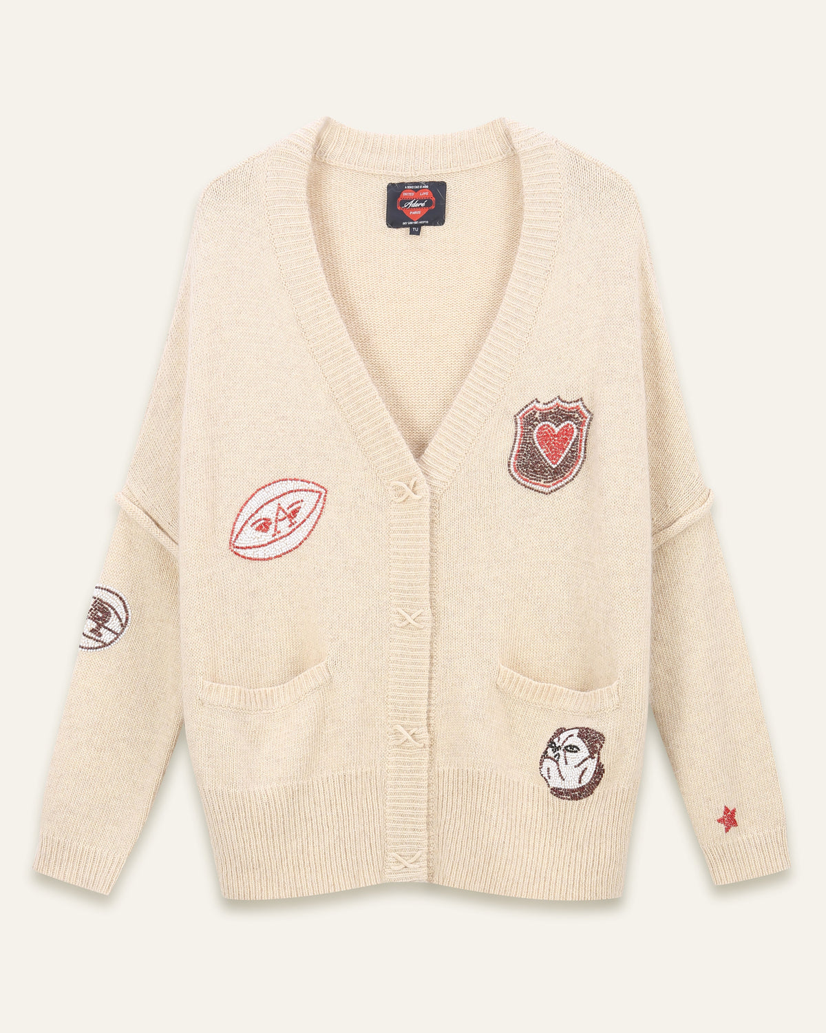 Cardigan en angora avec patchs & écussons Oslo - Beige chiné