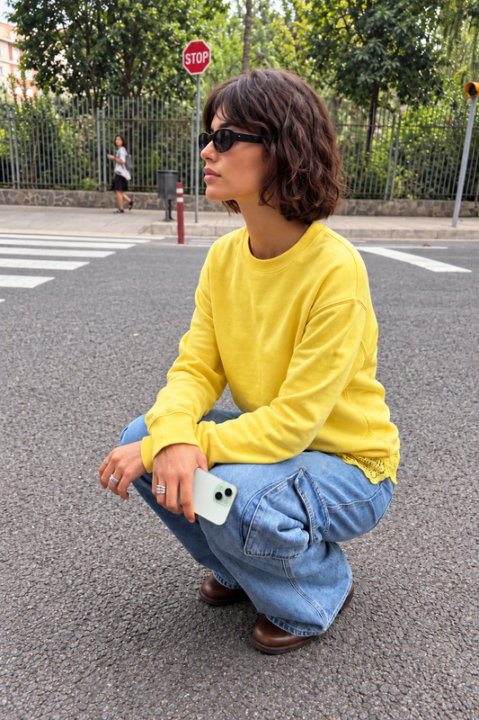 Sweatshirt dentelle col rond en coton Nala - Jaune