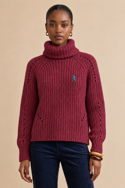 Pull mohair col roulé grosse maille avec écusson Lume - Bordeaux