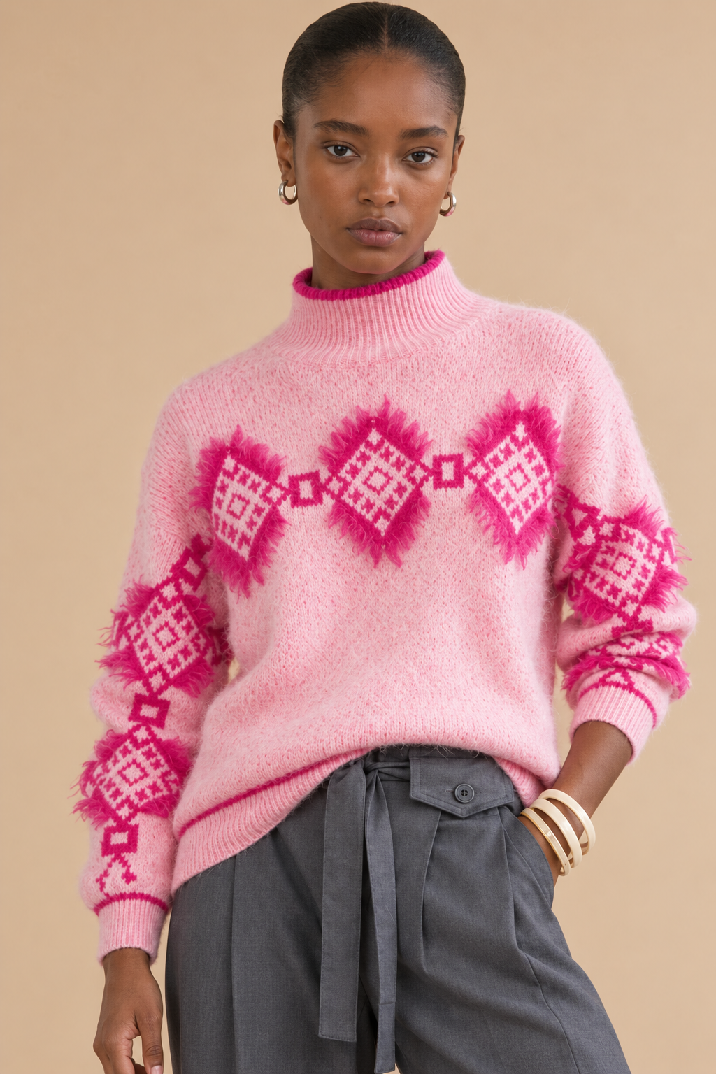 Pull à motifs géométriques rose fuchsia Aurea - Rose