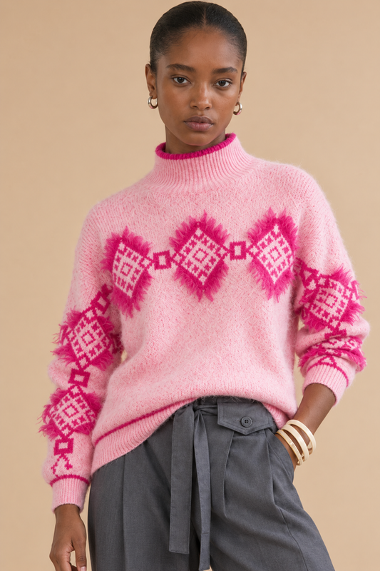 Pull à motifs géométriques rose fuchsia Aurea - Rose