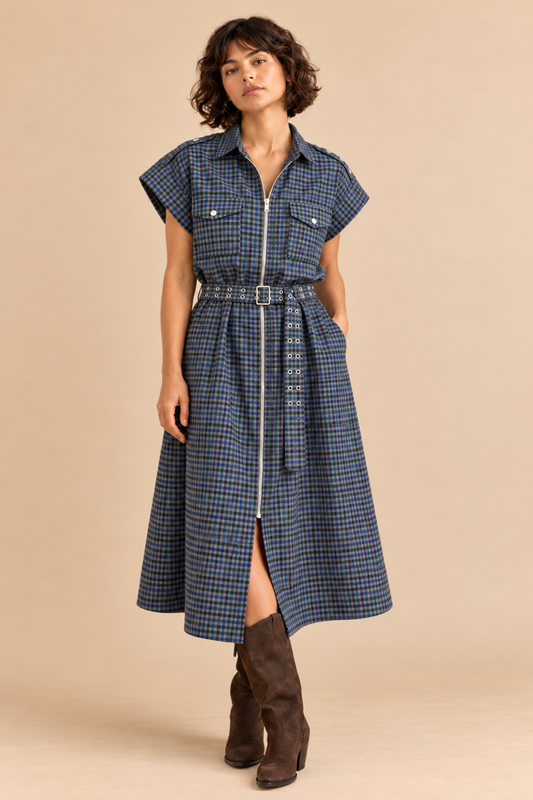 Robe-chemise zippée manches courtes en laine Vero - Carreaux gris et bleu
