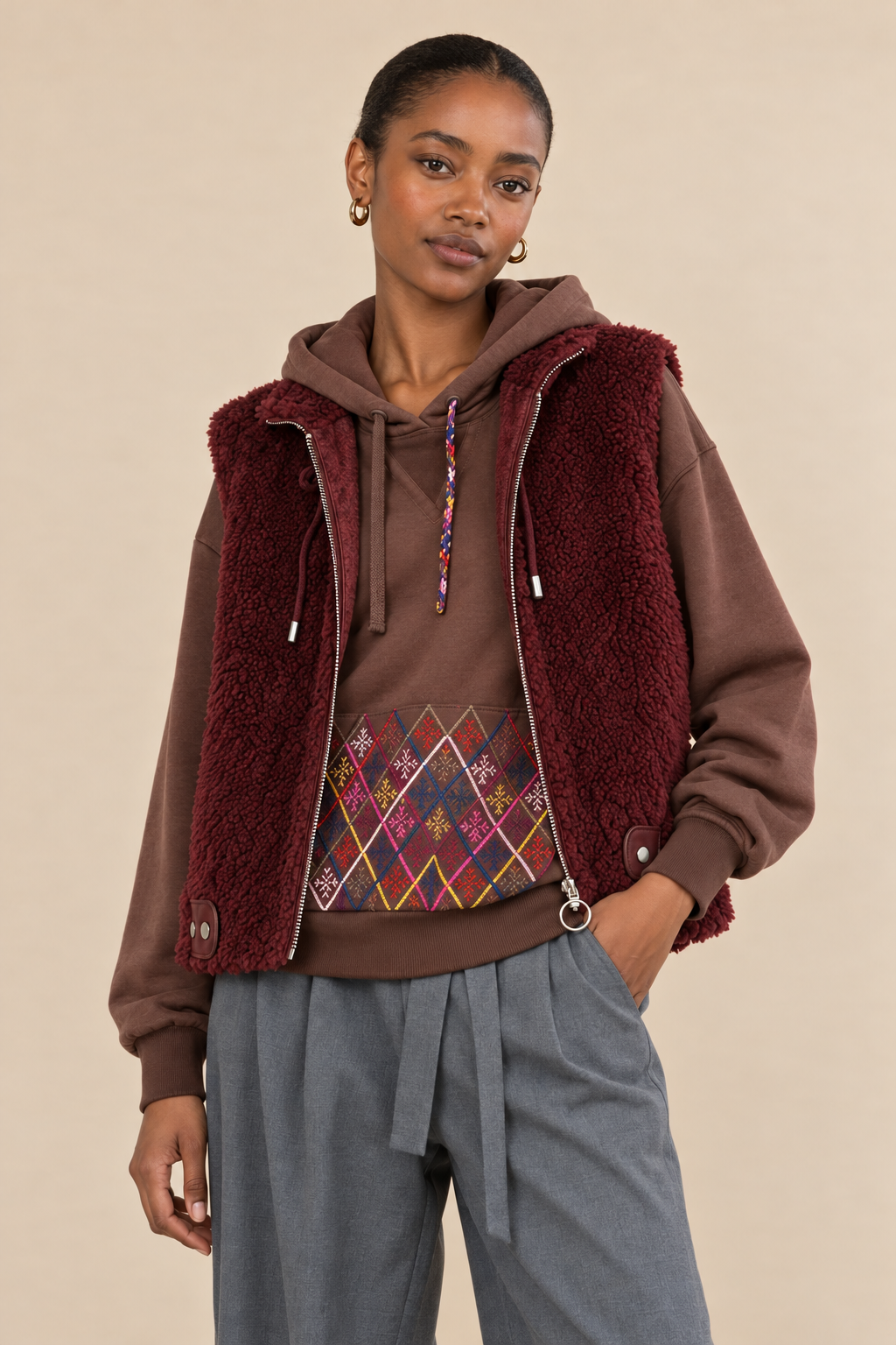 Veste sans manches fausse fourrure Delia - Burgundy
