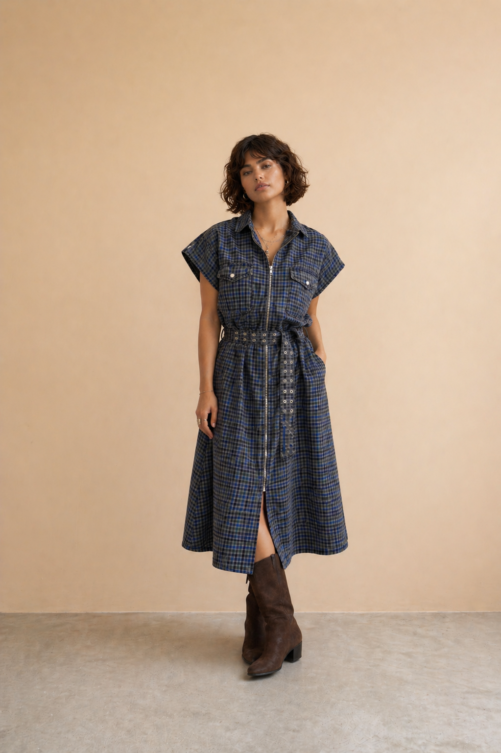 Robe-chemise en laine Vero - Carreaux gris et bleu