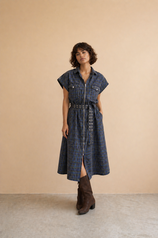 Robe-chemise en laine Vero - Carreaux gris et bleu