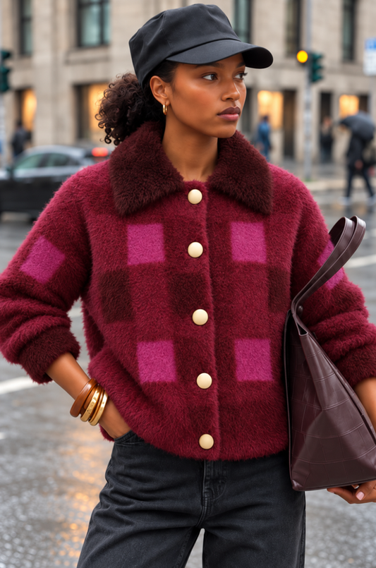 Gilet avec des carrés roses et col fausse fourrure Denise - Bordeaux