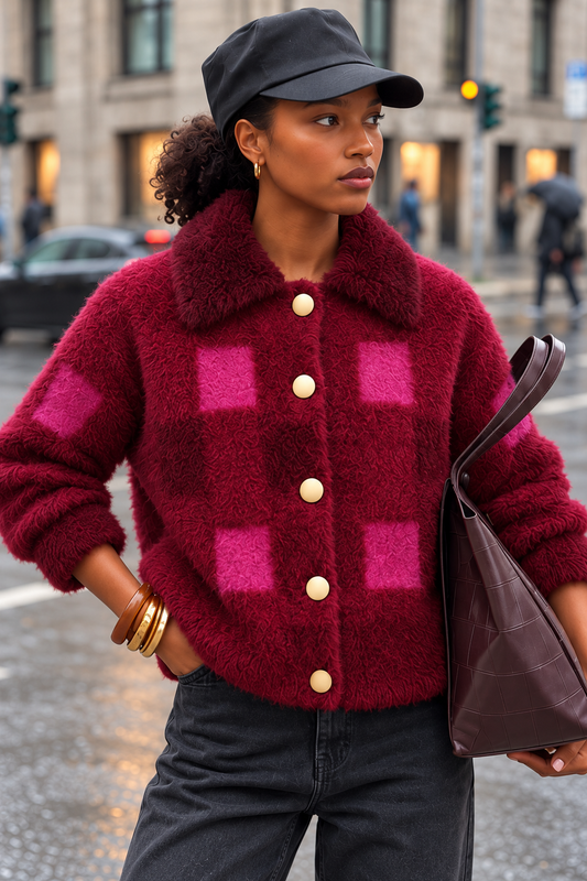 Gilet avec des carrés roses et col fausse fourrure Denise - Bordeaux
