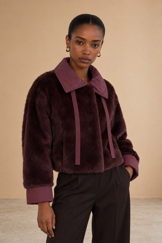 Veste fausse fourrure col contrastant Livina - Burgundy