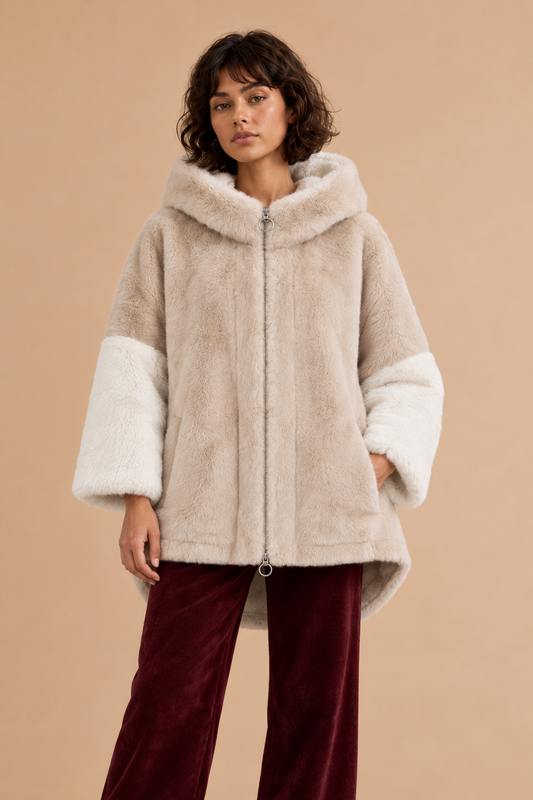 Manteau fausse fourrure à capuche Melie - Mix Beige Écru