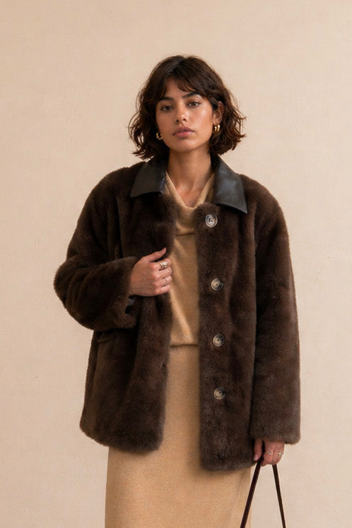 Manteau fausse fourrure col simili-cuir Zephyra - Choco