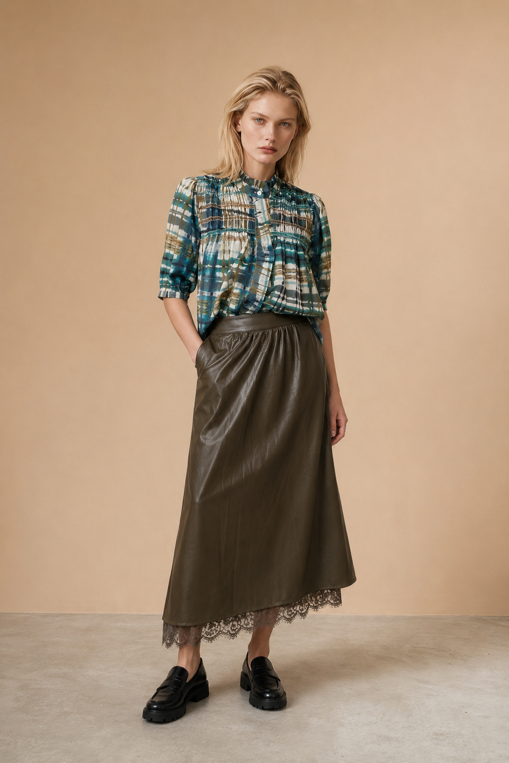 Jupe simili-cuir & dentelle Acacia - Kaki