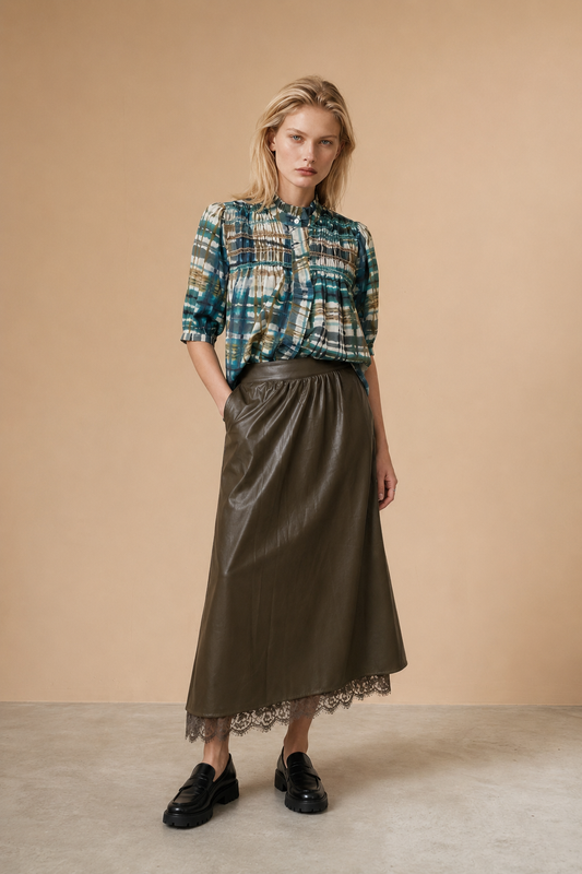 Jupe simili-cuir & dentelle Acacia - Kaki
