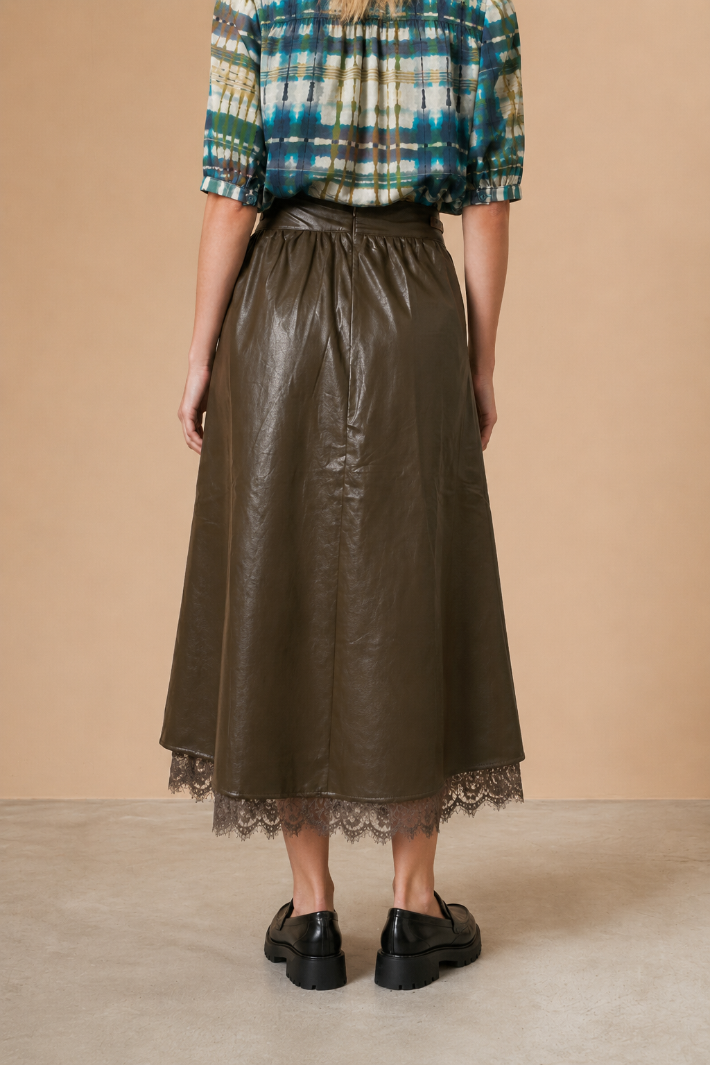 Jupe simili-cuir & dentelle Acacia - Kaki