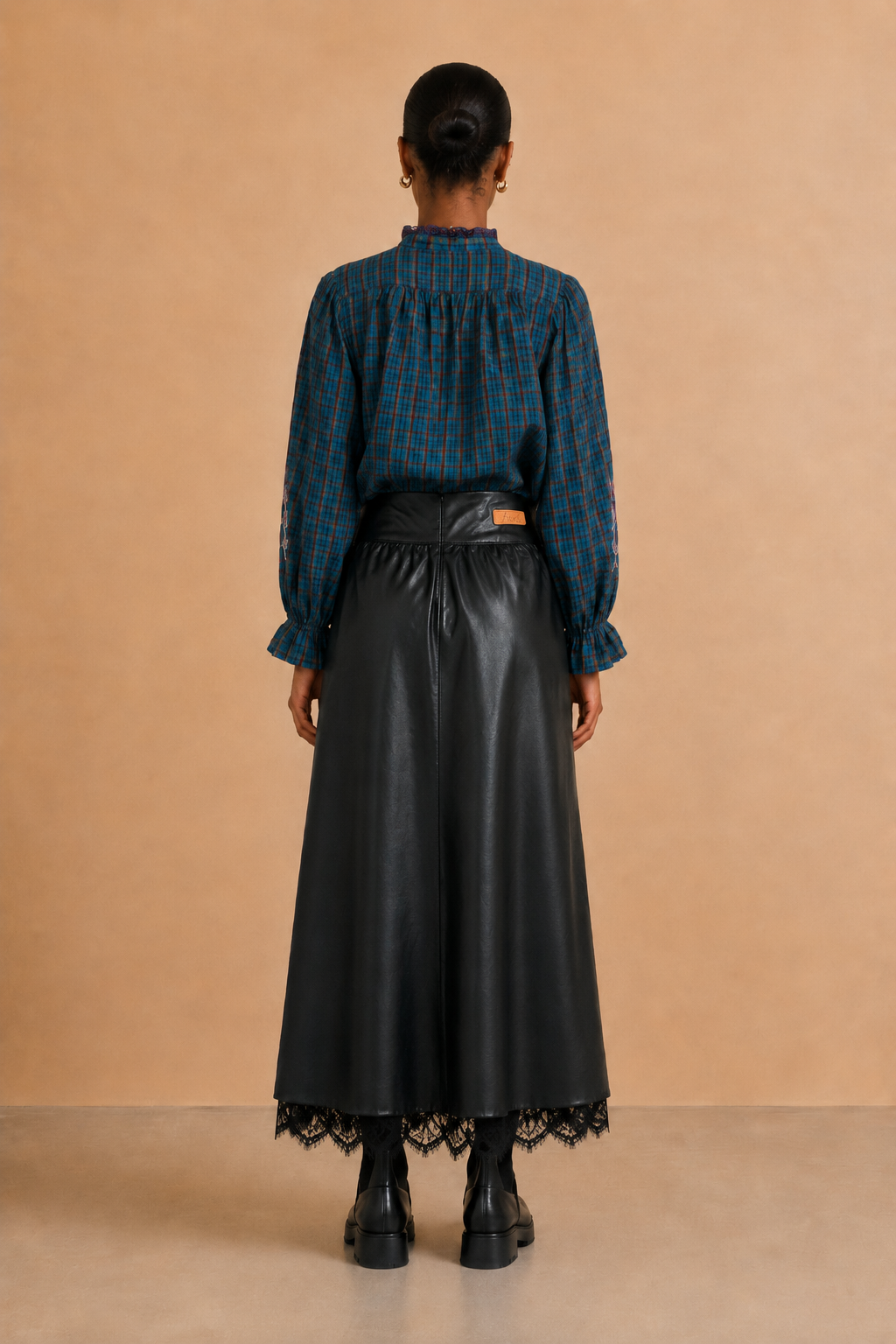 Jupe longue simili-cuir & dentelle Acacia - Noir